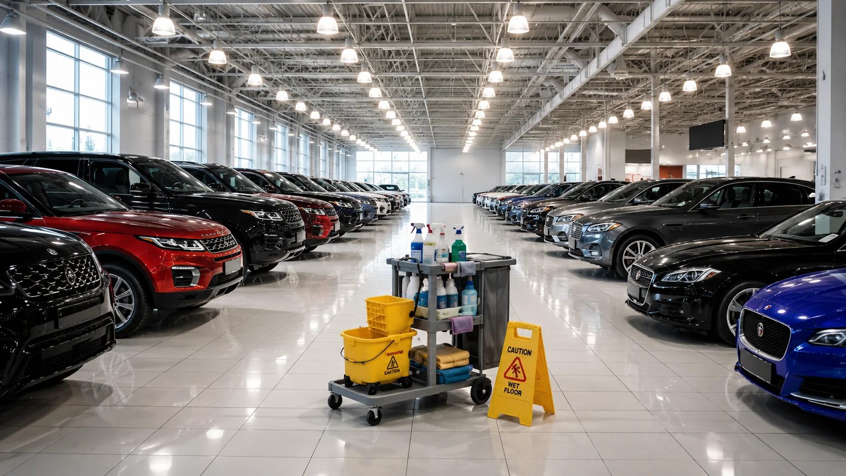 Modern car dealership showroom with multiple vehicles
